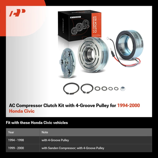 AC Compressor Clutch Kit with 4-Groove Pulley for 1994-2000 Honda Civic
