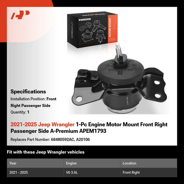 2021-2025 Jeep Wrangler 1-Pc Engine Motor Mount Front Right Passenger Side A-Premium APEM1793