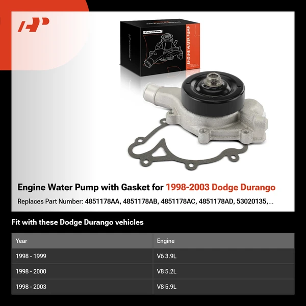 Engine Water Pump with Gasket for 1998-2003 Dodge Durango