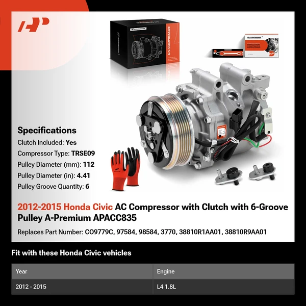 2012-2015 Honda Civic AC Compressor with Clutch with 6-Groove Pulley A-Premium APACC835