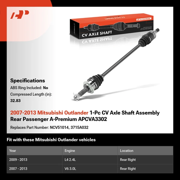 2007-2013 Mitsubishi Outlander 1-Pc CV Axle Shaft Assembly Rear Passenger A-Premium APCVA3302