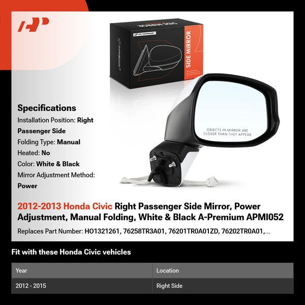 2012-2013 Honda Civic Right Passenger Side Mirror, Power Adjustment, Manual Folding, White & Black A-Premium APMI052