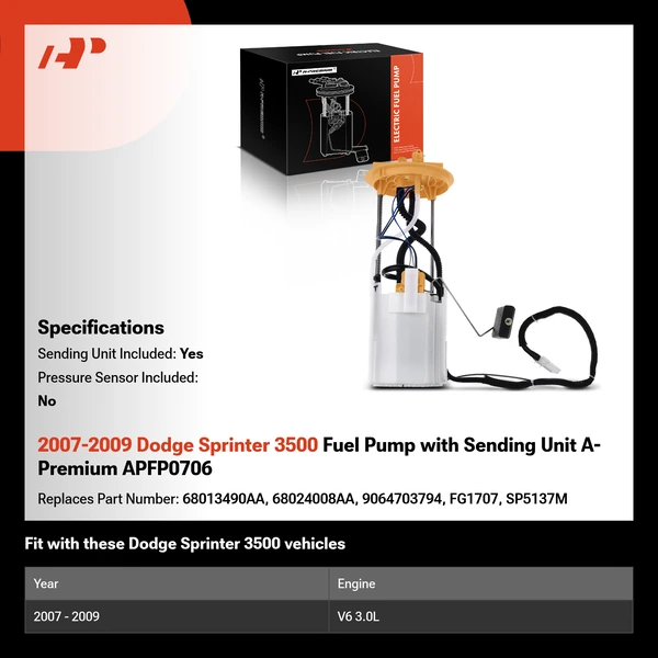 2007-2009 Dodge Sprinter 3500 Fuel Pump with Sending Unit A-Premium APFP0706