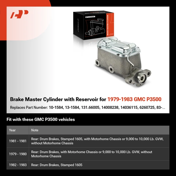 Brake Master Cylinder with Reservoir for 1979-1983 GMC P3500