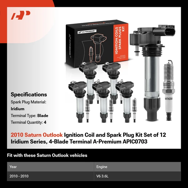 2010 Saturn Outlook Ignition Coil and Spark Plug Kit Set of 12 Iridium Series, 4-Blade Terminal A-Premium APIC0703