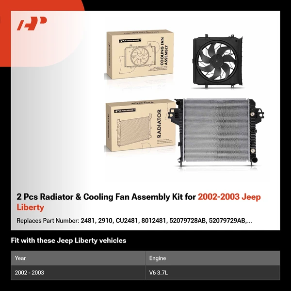 2 Pcs Radiator & Cooling Fan Assembly Kit for 2002-2003 Jeep Liberty