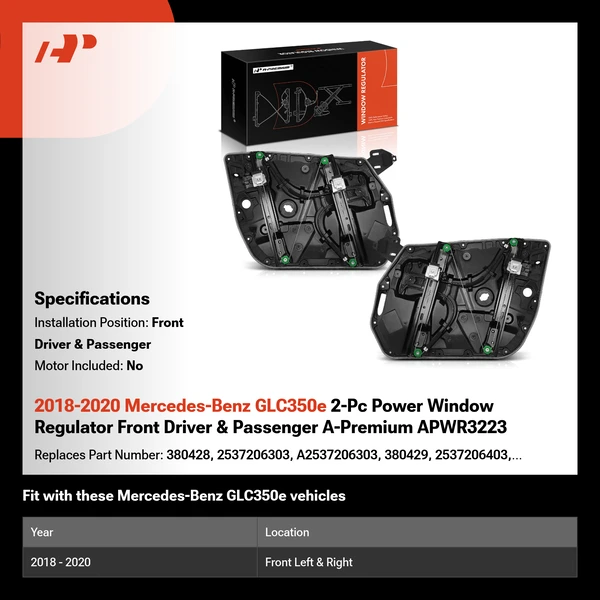2018-2020 Mercedes-Benz GLC350e 2-Pc Power Window Regulator Front Driver & Passenger A-Premium APWR3223