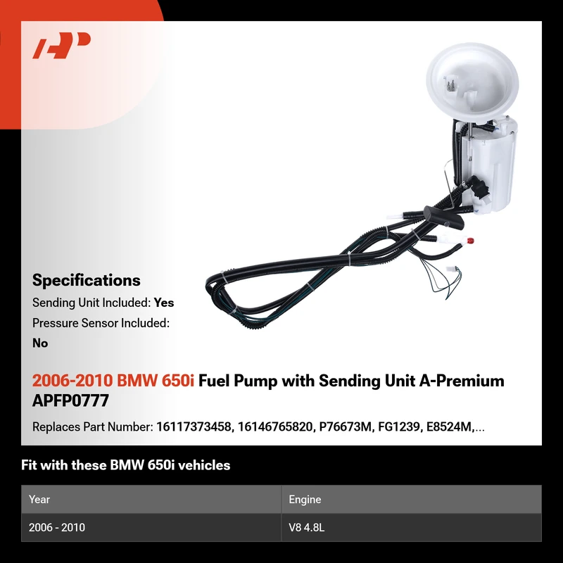 2006-2010 BMW 650i Fuel Pump with Sending Unit A-Premium APFP0777