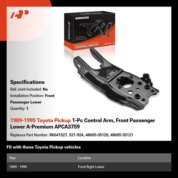 1989-1995 Toyota Pickup 1-Pc Control Arm, Front Passenger Lower A-Premium APCA3759