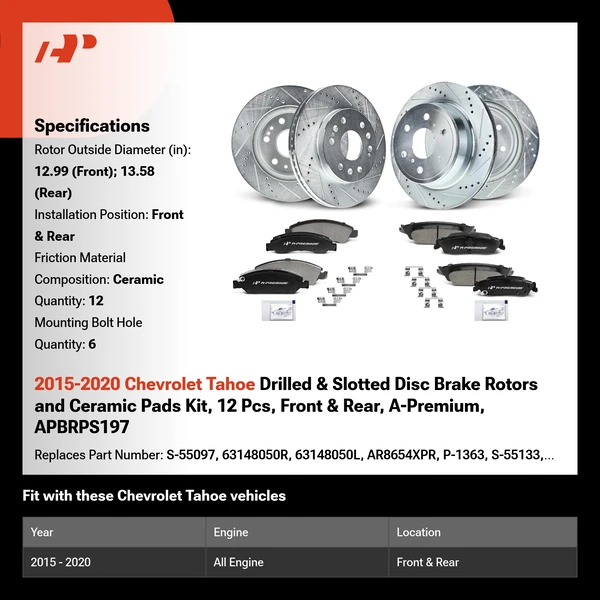2015-2020 Chevrolet Tahoe Drilled & Slotted Disc Brake Rotors and Ceramic Pads Kit, 12 Pcs, Front & Rear, A-Premium, APBRPS197