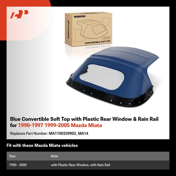 Blue Convertible Soft Top with Plastic Rear Window & Rain Rail for 1990-1997 1999-2005 Mazda Miata