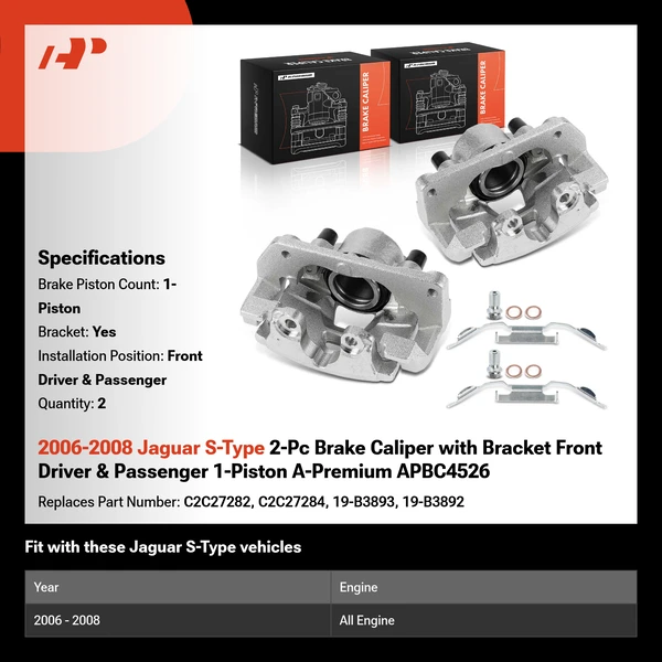 2006-2008 Jaguar S-Type 2-Pc Brake Caliper with Bracket Front Driver & Passenger 1-Piston A-Premium APBC4526