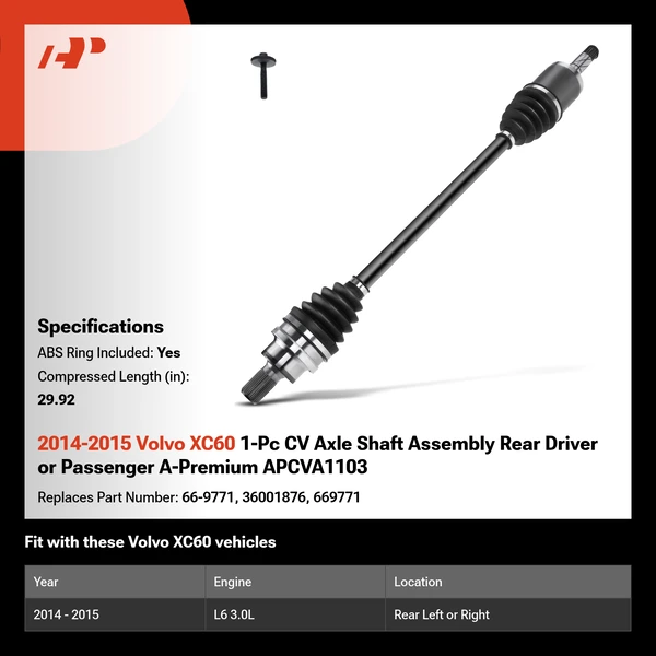 2014-2015 Volvo XC60 1-Pc CV Axle Shaft Assembly Rear Driver or Passenger A-Premium APCVA1103