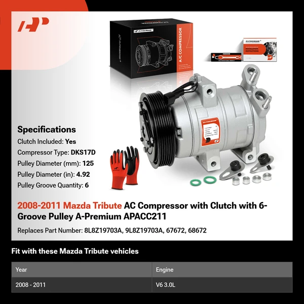 2008-2011 Mazda Tribute AC Compressor with Clutch with 6-Groove Pulley A-Premium APACC211