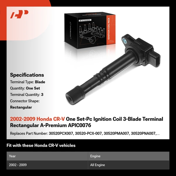 2002-2009 Honda CR-V One Set-Pc Ignition Coil 3-Blade Terminal Rectangular A-Premium APIC0076