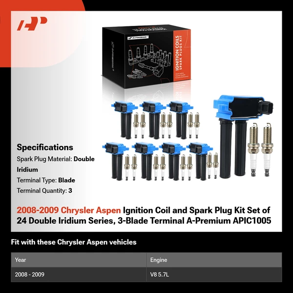 2008-2009 Chrysler Aspen Ignition Coil and Spark Plug Kit Set of 24 Double Iridium Series, 3-Blade Terminal A-Premium APIC1005