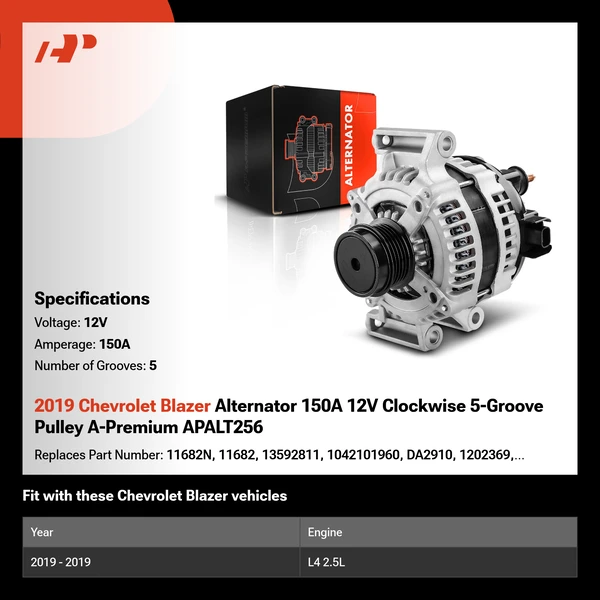 2019 Chevrolet Blazer Alternator 150A 12V Clockwise 5-Groove Pulley A-Premium APALT256