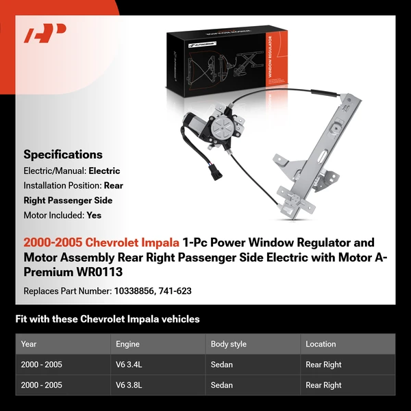 2000-2005 Chevrolet Impala 1-Pc Power Window Regulator and Motor Assembly Rear Right Passenger Side Electric with Motor A-Premium WR0113
