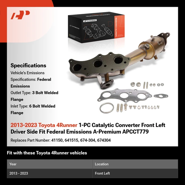 2013-2023 Toyota 4Runner 1-PC Catalytic Converter Front Left Driver Side Fit Federal Emissions A-Premium APCCT779