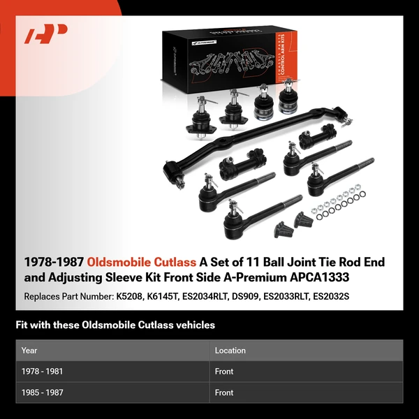 1978-1987 Oldsmobile Cutlass A Set of 11 Ball Joint Tie Rod End and Adjusting Sleeve Kit Front Side A-Premium APCA1333