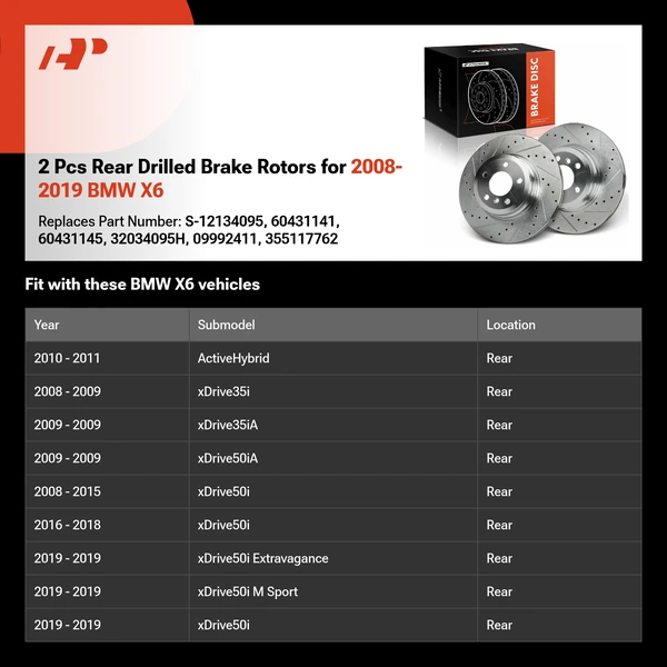 2 Pcs Rear Drilled Brake Rotors for 2008-2019 BMW X6