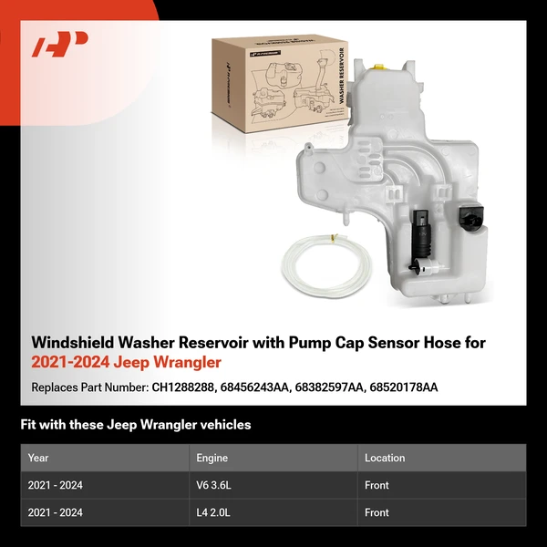 Windshield Washer Reservoir with Pump Cap Sensor Hose for 2021-2024 Jeep Wrangler