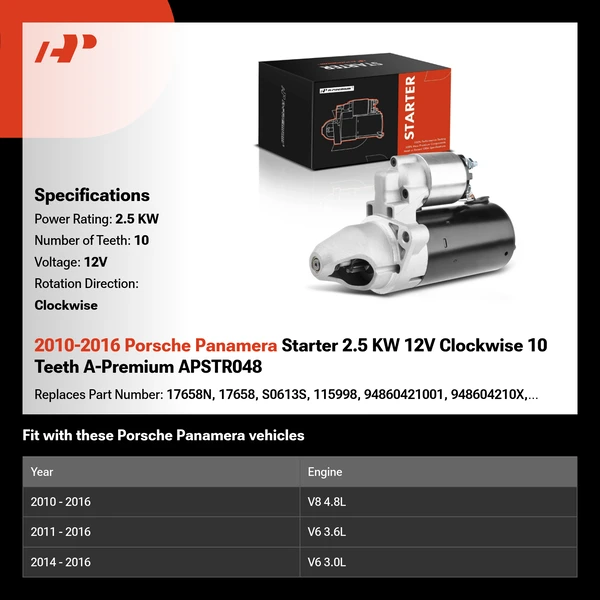 2010-2016 Porsche Panamera Starter 2.5 KW 12V Clockwise 10 Teeth A-Premium APSTR048