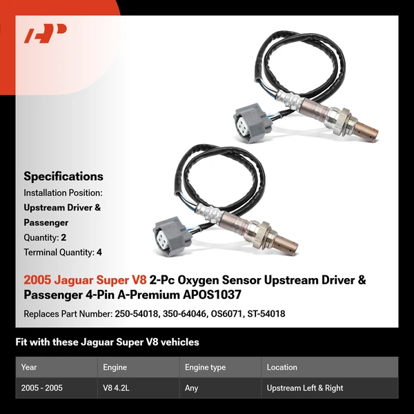 2005 Jaguar Super V8 2-Pc Oxygen Sensor Upstream Driver & Passenger 4-Pin A-Premium APOS1037