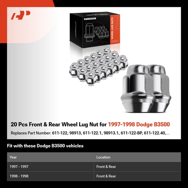 20 Pcs Front & Rear Wheel Lug Nut for 1997-1998 Dodge B3500