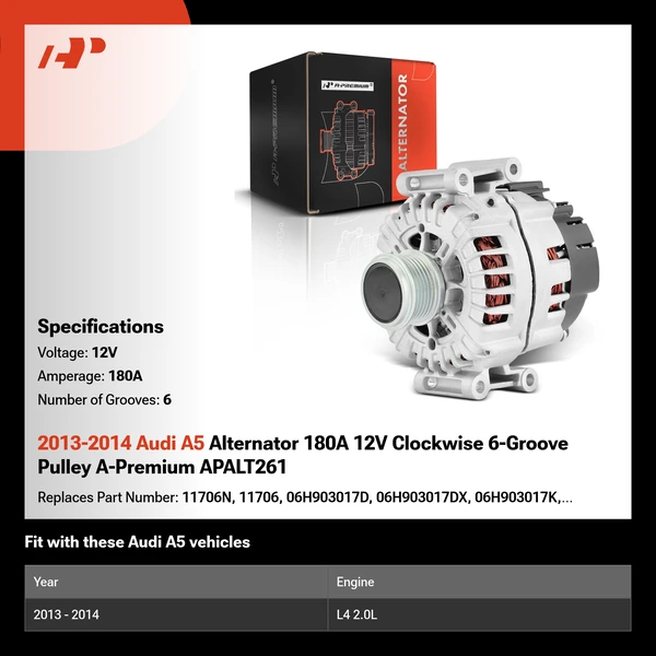 2013-2014 Audi A5 Alternator 180A 12V Clockwise 6-Groove Pulley A-Premium APALT261