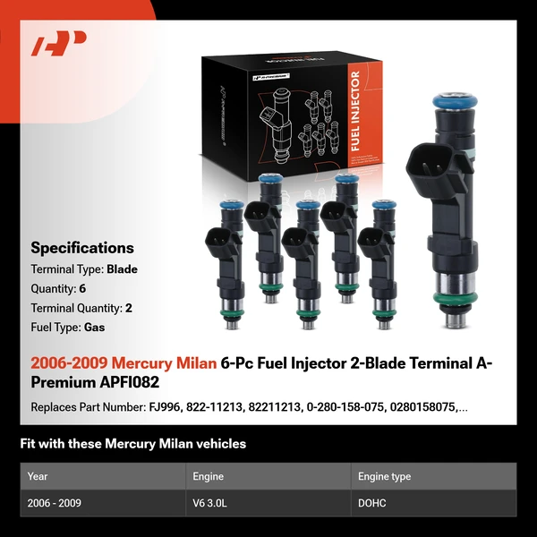 2006-2009 Mercury Milan 6-Pc Fuel Injector 2-Blade Terminal A-Premium APFI082