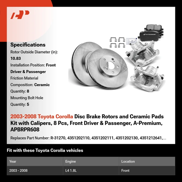 2003-2008 Toyota Corolla Disc Brake Rotors and Ceramic Pads Kit with Calipers, 8 Pcs, Front Driver & Passenger, A-Premium, APBRPR608
