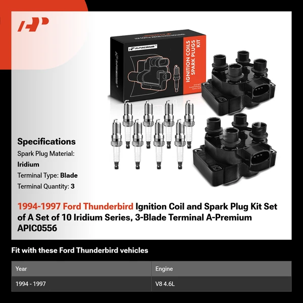1994-1997 Ford Thunderbird Ignition Coil and Spark Plug Kit Set of A Set of 10 Iridium Series, 3-Blade Terminal A-Premium APIC0556
