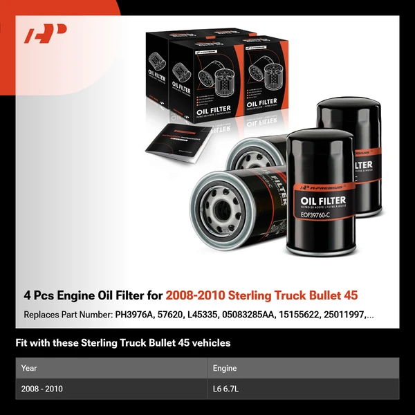 4 Pcs Engine Oil Filter for 2008-2010 Sterling Truck Bullet 45