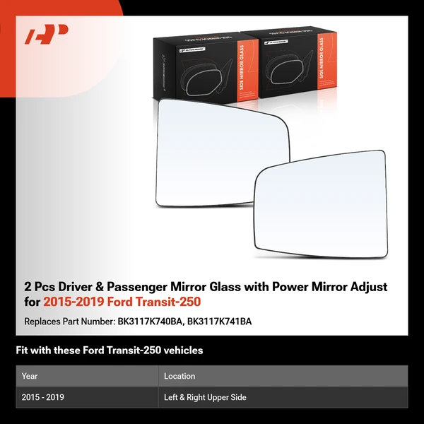 2 Pcs Driver & Passenger Mirror Glass with Power Mirror Adjust for 2015-2019 Ford Transit-250