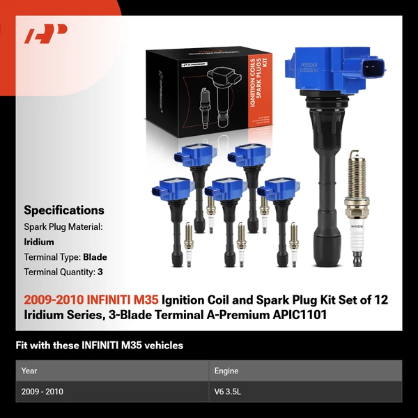2009-2010 INFINITI M35 Ignition Coil and Spark Plug Kit Set of 12 Iridium Series, 3-Blade Terminal A-Premium APIC1101