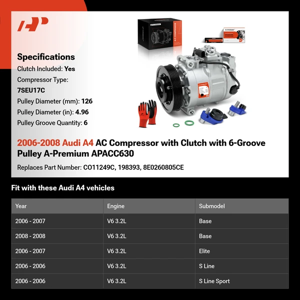 2006-2008 Audi A4 AC Compressor with Clutch with 6-Groove Pulley A-Premium APACC630