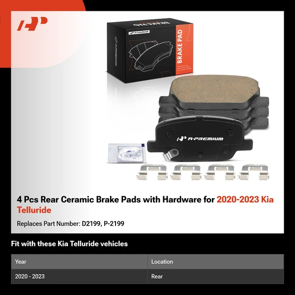 4 Pcs Rear Ceramic Brake Pads with Hardware for 2020-2023 Kia Telluride