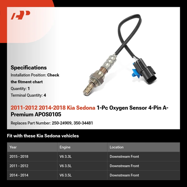 2011-2012 2014-2018 Kia Sedona 1-Pc Oxygen Sensor 4-Pin A-Premium APOS0105