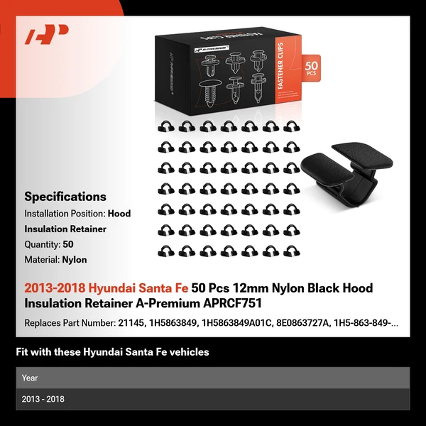 2013-2018 Hyundai Santa Fe 50 Pcs 12mm Nylon Black Hood Insulation Retainer A-Premium APRCF751