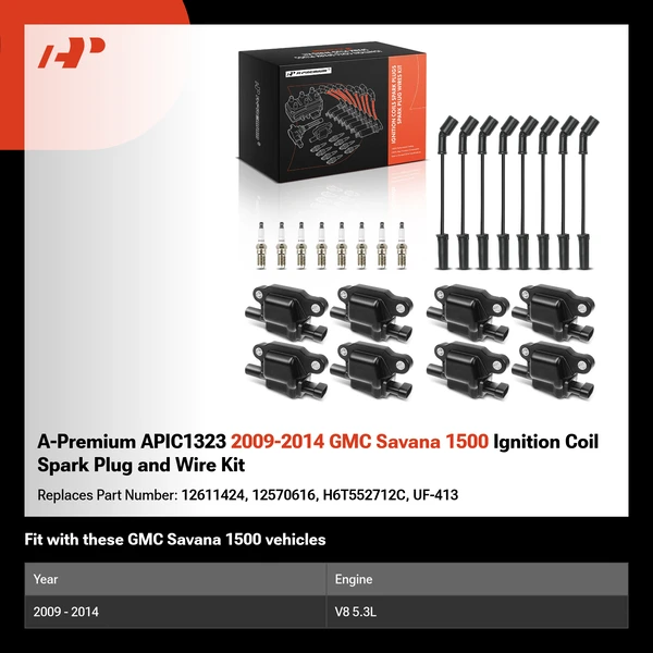 A-Premium APIC1323 2009-2014 GMC Savana 1500 Ignition Coil Spark Plug and Wire Kit