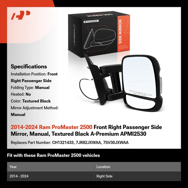 2014-2024 Ram ProMaster 2500 Front Right Passenger Side Mirror, Manual, Textured Black A-Premium APMI2530