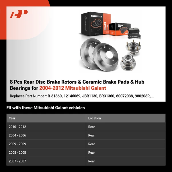 8 Pcs Rear Disc Brake Rotors & Ceramic Brake Pads & Hub Bearings for 2004-2012 Mitsubishi Galant