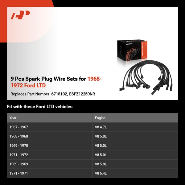 9 Pcs Spark Plug Wire Sets for 1968-1972 Ford LTD