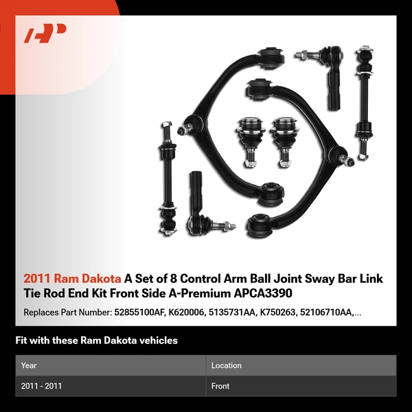 2011 Ram Dakota A Set of 8 Control Arm Ball Joint Sway Bar Link Tie Rod End Kit Front Side A-Premium APCA3390