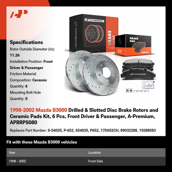 1998-2002 Mazda B3000 Drilled & Slotted Disc Brake Rotors and Ceramic Pads Kit, 6 Pcs, Front Driver & Passenger, A-Premium, APBRPS080