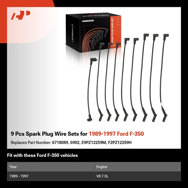 9 Pcs Spark Plug Wire Sets for 1989-1997 Ford F-350