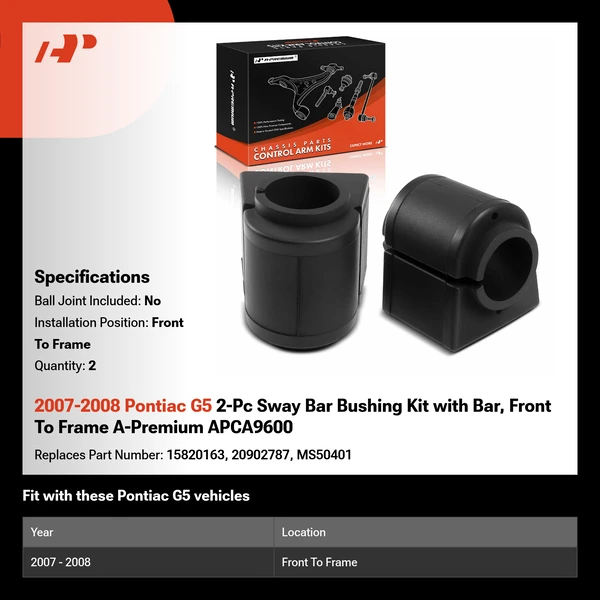 2007-2008 Pontiac G5 2-Pc Sway Bar Bushing Kit with Bar, Front To Frame A-Premium APCA9600
