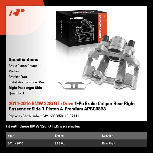 2014-2016 BMW 328i GT xDrive 1-Pc Brake Caliper Rear Right Passenger Side 1-Piston A-Premium APBC0868