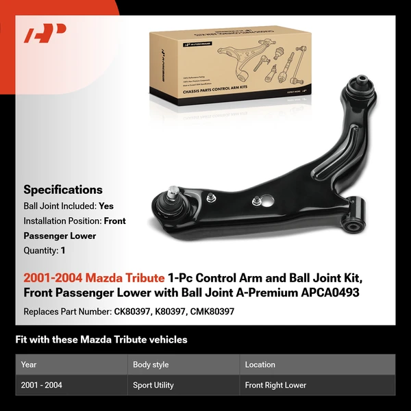 2001-2004 Mazda Tribute 1-Pc Control Arm and Ball Joint Kit, Front Passenger Lower with Ball Joint A-Premium APCA0493